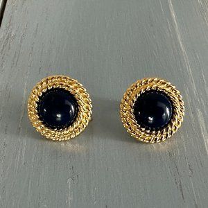 Napier Vintage Clip On Screw Back Earrings Gold Tone Rope Frame Blue Cabochons